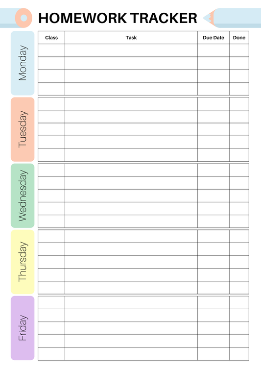 Homework Tracker- Multi Colour