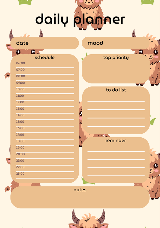 Daily Planner- Highland Cow Design
